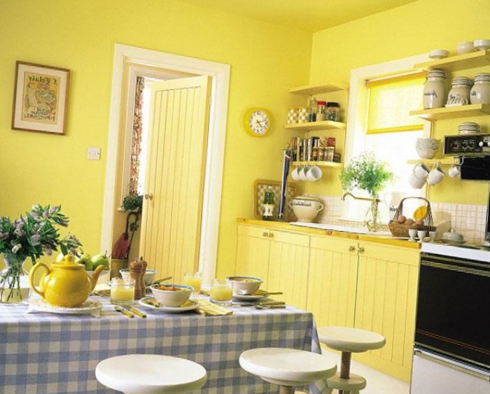 яркие лимонные обои на кухне