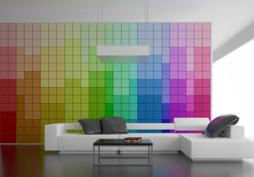Обои с разноцветным пикселем в интерьере гостиной