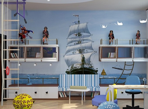 Фотообои с изображением корабля в интерьере детской