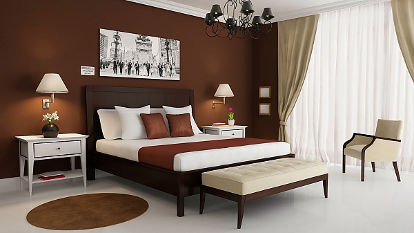 однотонные коричневые обои в интерьере спальни