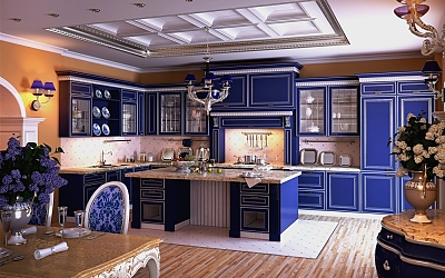 необычный интерьер синей кухни