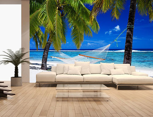 Фотообои с пальмами в интерьере гостиной