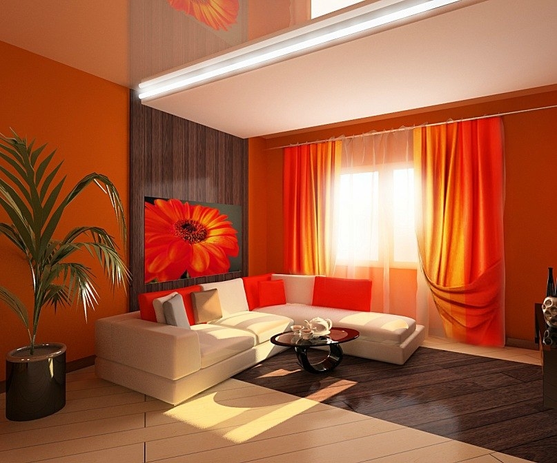 яркие оранжевые обои в гостиной