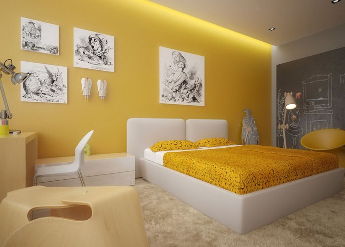 желтые однотонные обои для спальни